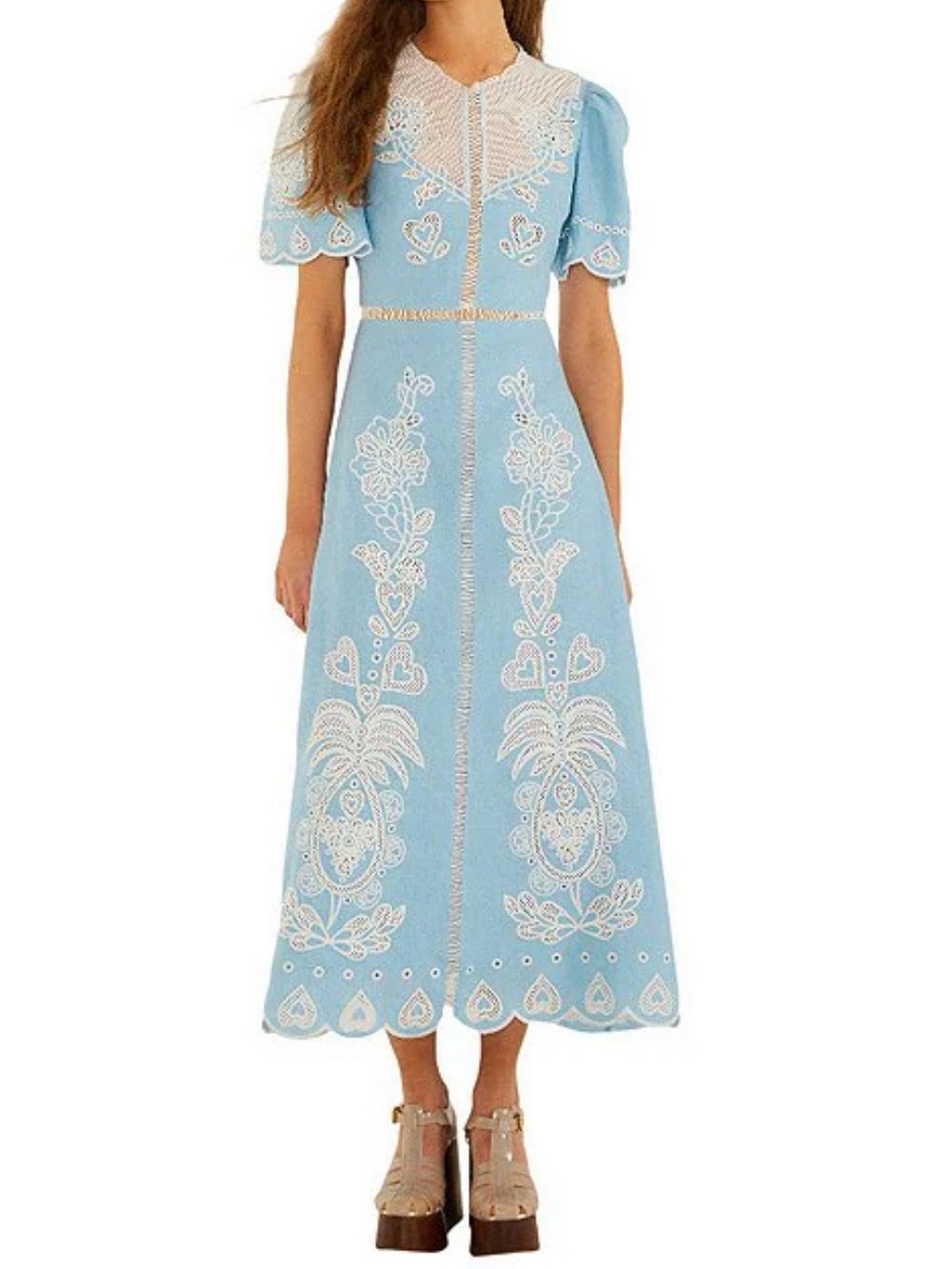 Farm Rio Light Blue Embroidered Midi Dress